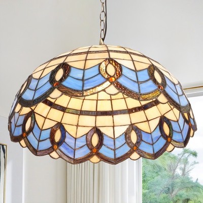16''Mediterranean Blue Border Inverted Chandelier,Coffee Shop/home Tiffany Light