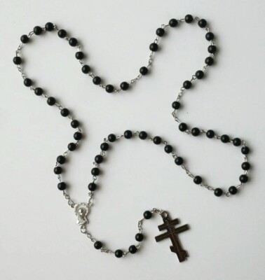 Orthodox Black Beads Glass Rosary with Pouch Included