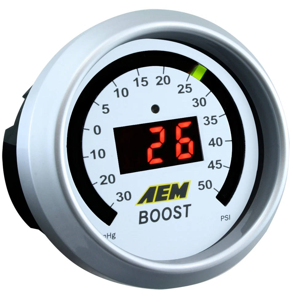 Medidor de pantalla AEM 30-35 psi Boost - Bisel negro y plateado - Placa frontal blanca y negra Foto 3 de 4
