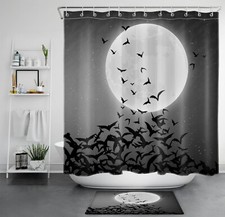 Grey Full Moon Ghost Black Bat Halloween Shower Curtain Bathroom Accessories Set