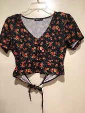 Shein Womens Crop Top Large Rear Tie  Black Floral Shirt