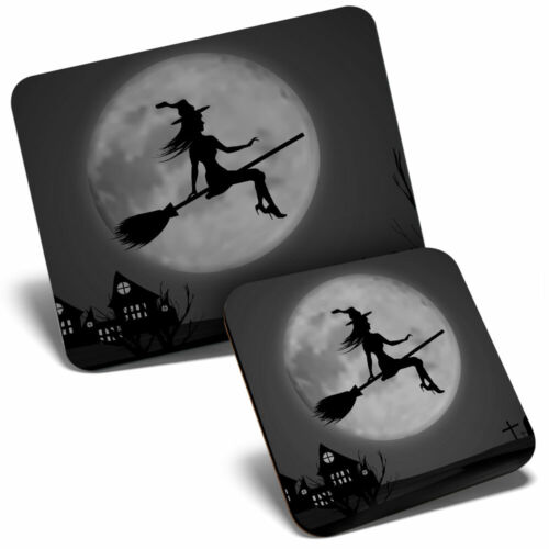 Mouse Mat & Coaster Set - BW - Witch Silhouette Halloween  #37723 - Picture 1 of 8