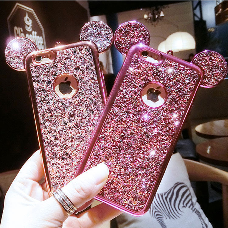 Glitter Bling Soft Rubber Mickey Mouse Ears Case Cover For iPhone