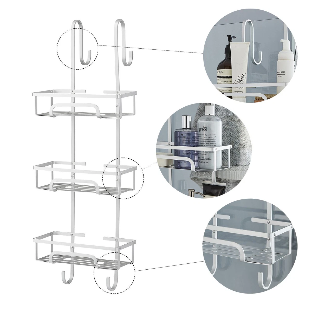 Shower Caddy 3 Tier Large Aluminium Over Door Bathroom Storage