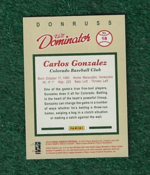 CARLOS GONZALEZ - 068/999 - 2014 DONRUSS - ELITE DOMINATOR TARJETA INSERTADA # 18 MLB Foto 3 de 3