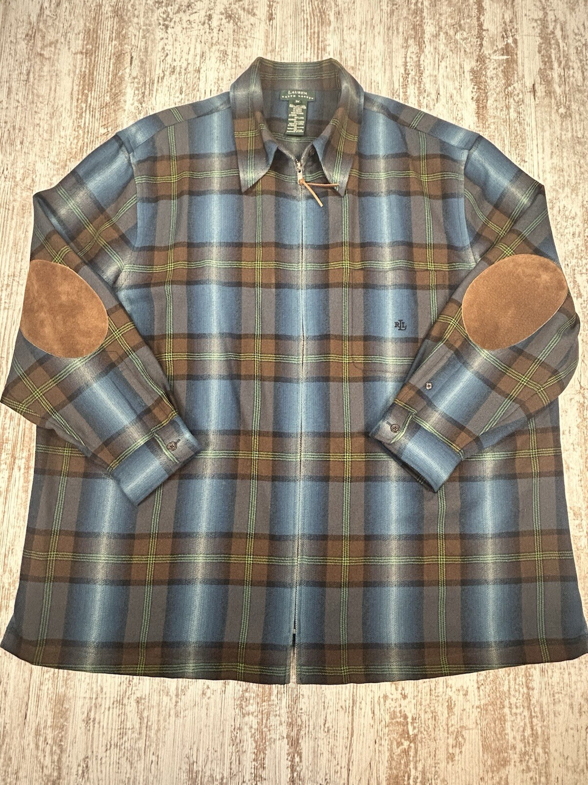 Lauren Ralph Lauren 100% Wool Plaid Shirt Jacket Tweed VTG Leather elbow Size 3X