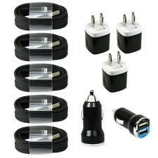 5x Fast USB Charging Cables + Wall & Car Chargers for iPhone 14 13 12 11 X Black