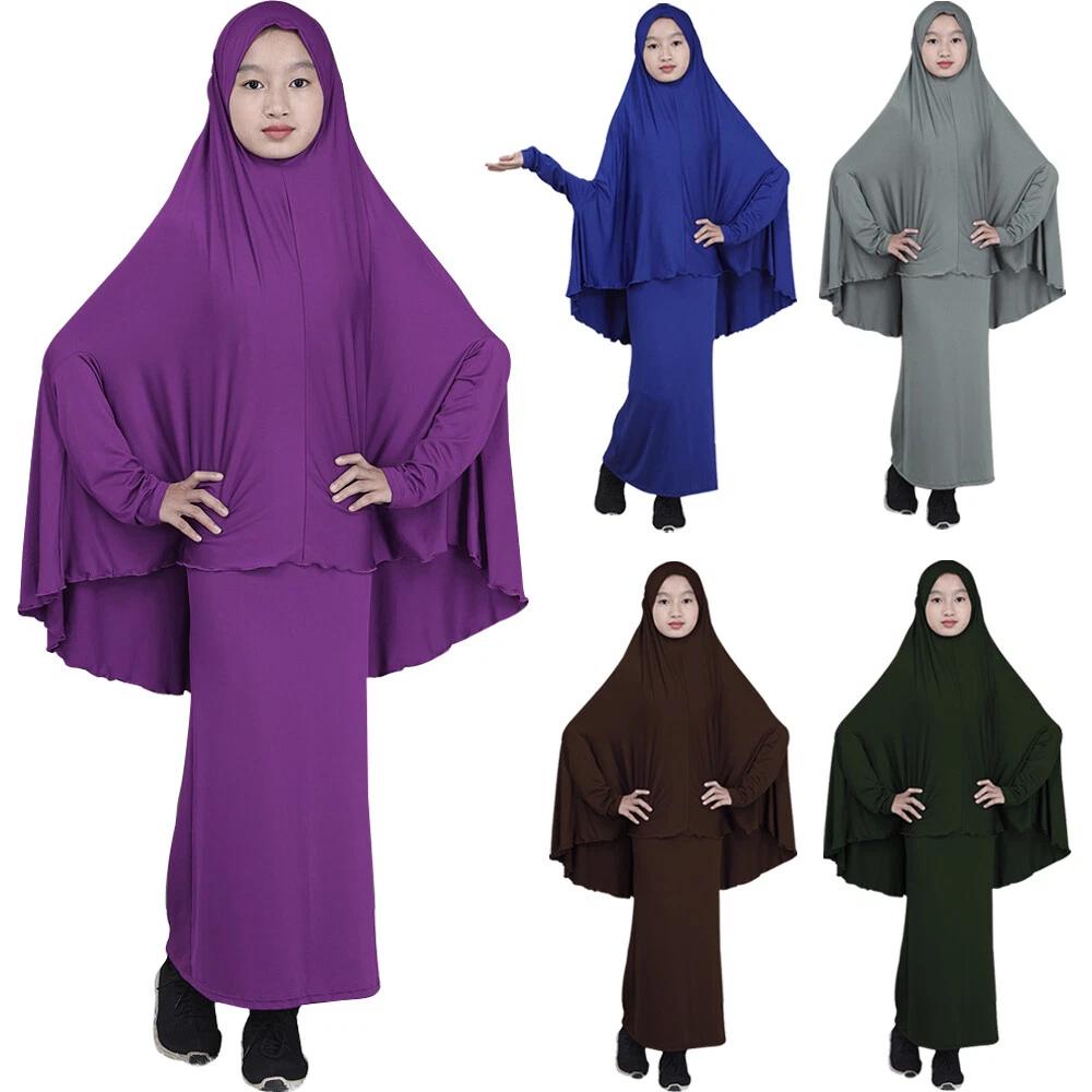 Ramadan Kids Girls Hijab Abaya Prayer Dress Set Khimar Caftan Robe Muslim Kaftan