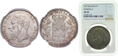 Belgium 1873 5 Francs Silver 900 NGC AU 58