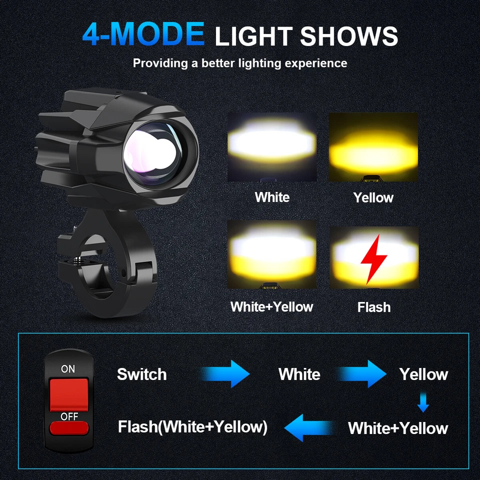 2x Motorcycle Spot Lights Headlight LED Fog Light Driving Spot Lamp Yellow+White - Image 4 of 4