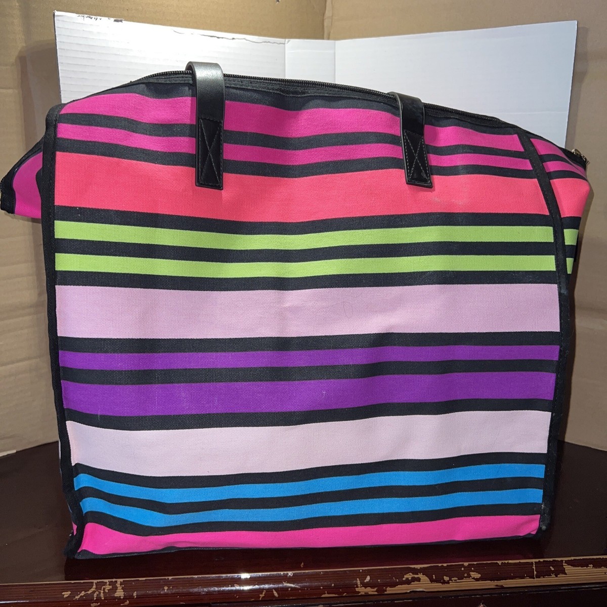 VICTORIA SECRET Bright Neon Rainbow Striped LARGE TRAVEL TOTE New