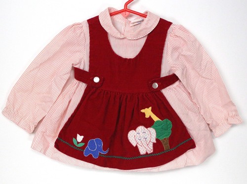 Vintage Zoo Tiere Elefant Träger Cord Kleid 18 Monate Baby Mädchen rot
