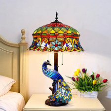 Tiffany Style 18" Peacock Table Lamp Dragonfly  Rose Design Light, E27 Light