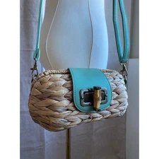 Sun N Sand Woven Straw Turquoise Trim Crossbody Bag Bamboo Lock
