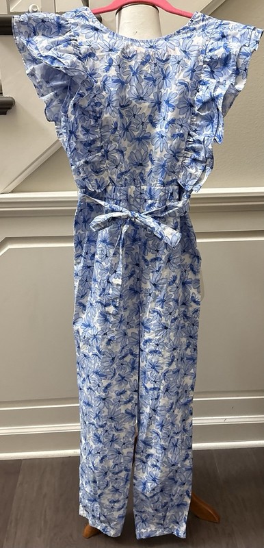 Zara Girls Ruffle Floral Belted  Jumpsuit Blue & White Size 13-14-NWOT