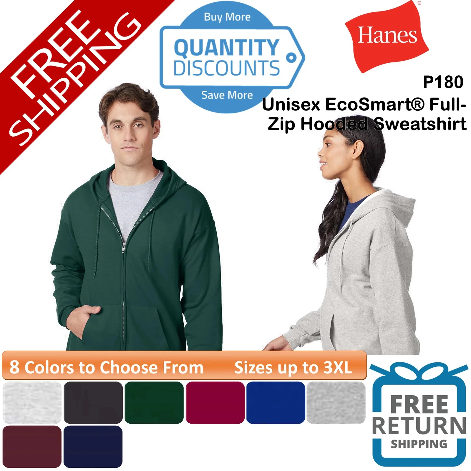 🔥 Hanes Unisex EcoSmart Pocket Full-Zip Hooded Sweatshirt Up To 3XL P180