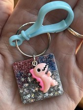 Handmade Multicolor Sparkle Resin Keychain W/blue Clip  Pink Kawaii Dinosaur