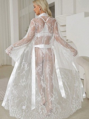 Women's robe and belt transparent sexy lace robe see-through seductive pajamas