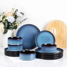 Ceramic Dinnerware Sets for 4,Round Reactive Glaze Ceramic Plates and Bowls S...