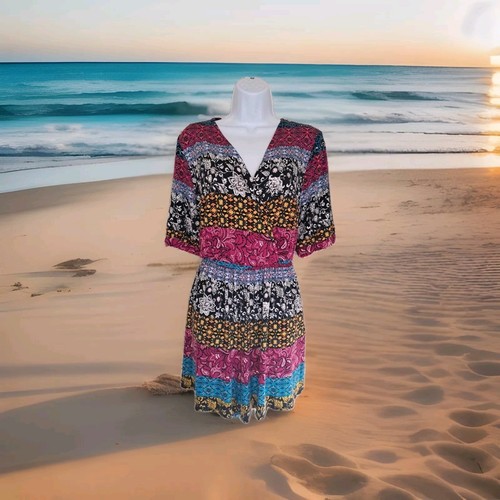 Lane Bryant Romper 14-16 Multicolor Surplice Short Sleeve Elastic Waist Bohemian