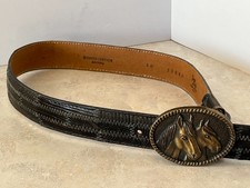 Vintage Tony Lama Horse Buckle Belt Stamped 30 Black Lizard Print Zigzag Stitch