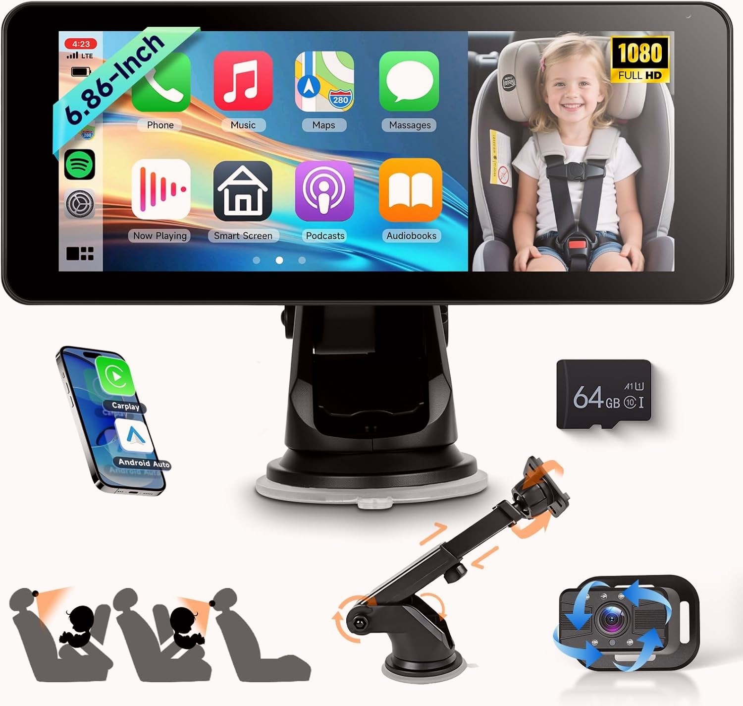 Monitor Auto per Bambini VECHTEL con CarPlay Wireless e BabyCam HD