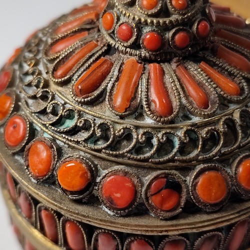 Tibetan Metal Trinket Box Red Stone Embellished w Lid Worn - Picture 8 of 11