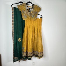 Indian Lehenga Choli Dupatta Mustard Yellow Green Beaded Wedding 3 Pc Set