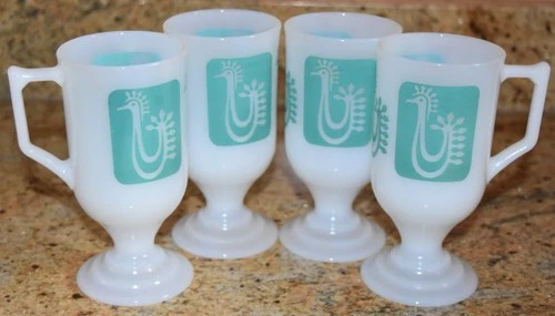 Lot of 4 VTG Federal Milk Glass Irish Coffee Mugs Peacock Danish Bird Rooster