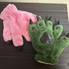 Green Pink Plush Fleece Animal Paw Gloves w/ Claw Accents Full Finger