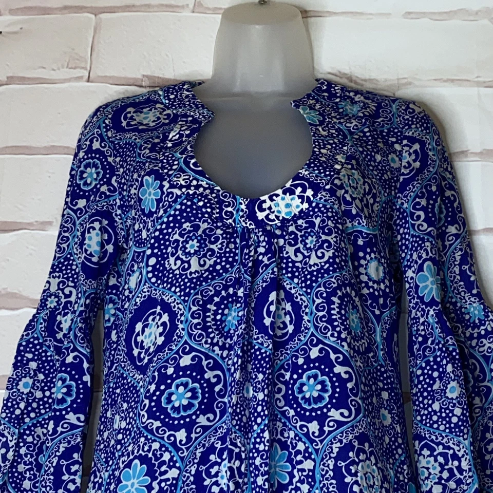 Мягкая легкая туника бохо Trina Turk цвета синего пейсли с цветочным рисунком размер 2 хлопок шелк - Изображение 2 из 4
