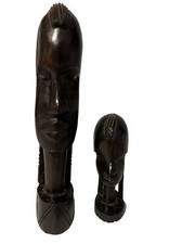 African Ebony Besmo Black Bust Hand Carved Wood Sculptures Tribal Head Vintage