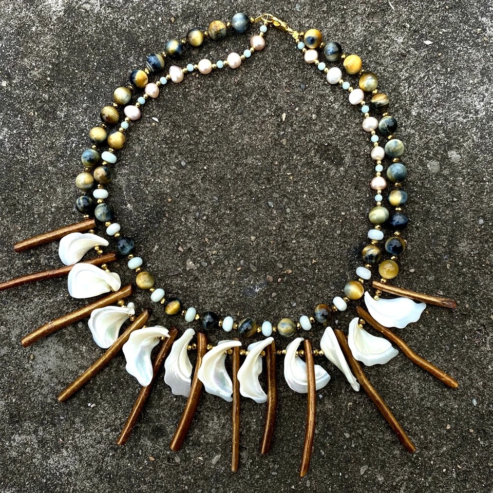 Colar roxo barroco pérola olho de tigre concha branca ouro coral 20" - Imagem 3 de 4