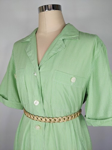 Vintage 90s women Green White Striped Cotton Shirt Dress Size 10 12 Button Retro - Picture 3 of 5