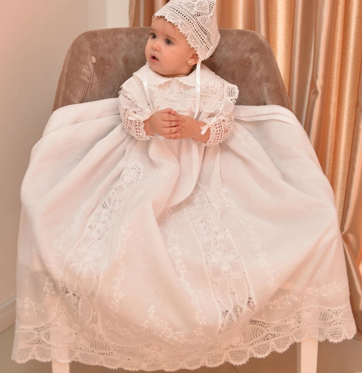 3 PCS Babe Christensing Dress Soft Lace Newborn Girls' Aline Baptism G –  Avadress