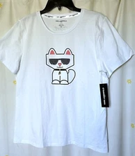 Karl Lagerfeld WHITE Embellished Choupette Graphic Cotton T-Shirt Size L NWT