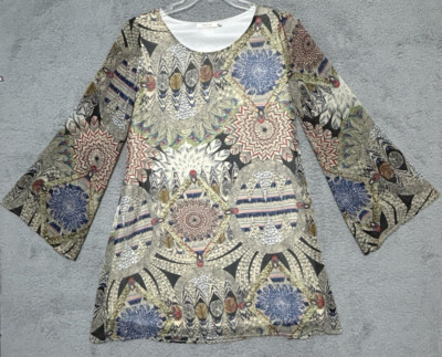 Entro Feather Printed Kimono Dress Size L Colorful Boho Flowy Lined Flare Sleeve
