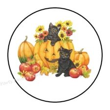 30 PUMPKINS KITTENS FALL ENVELOPE SEALS LABELS STICKERS PARTY FAVORS 1.5" ROUND 