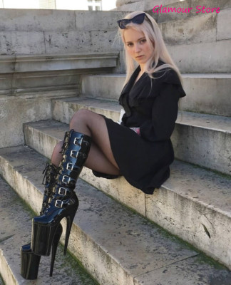 Sexy EXTREME BOOTS 23 Heel 35/39 BLACK GLOSSY BUCKLES Platform Lace Up Zip
