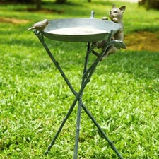 Adorable Aluminum Curious Cat Hanging On Edge & Bird On Other-side Birdbath