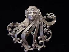 "JJ" Jonette Jewelry Silver Pewter 'ART NOUVEAU Woman w/Jewels' Pin