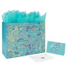 13" Large Rose Green Gift Bag Set with Greeting Card and Tissue Paper Foil Tr...