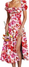 Floral Cottagecore Maxi Dress Puff Sleeve Square Neck Boho Party Split Dress XL
