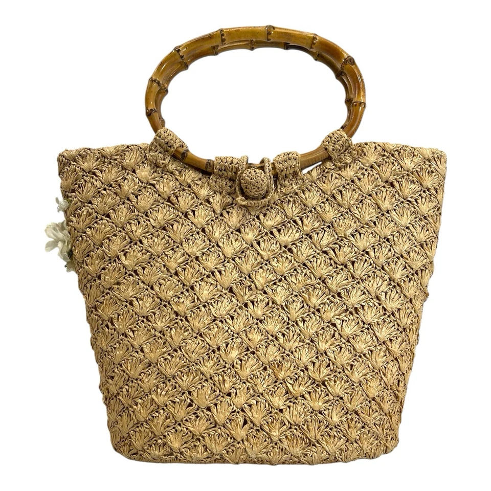 Bolsa tote vintage 50s 60s RITTER tecido juta aplique floral pérola falsa - Imagem 4 de 4