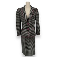 Vintage 1980s UNGARO Paris Houndstooth Blazer Skirt Set with Pink Trim, Size 6/8