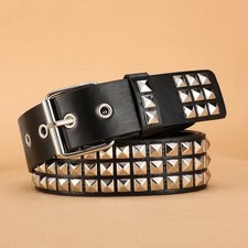 Unisex Leather Belt 3 Row Pyramid Studded Silver Belt Punk Goth Accessories NEW