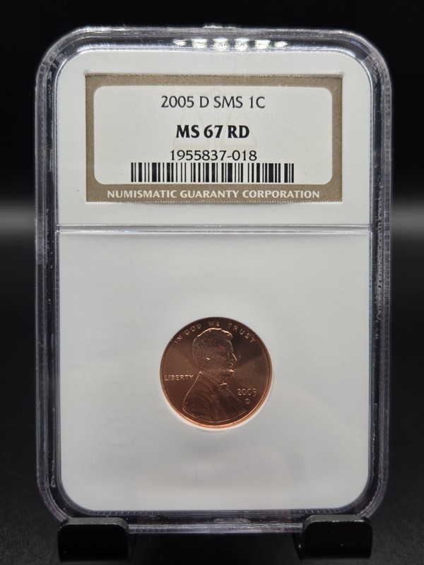 2005-D Lincoln Memorial Cent from a Special Mint Set (SMS), graded MS 67 RD