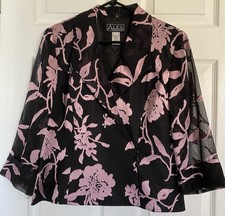 Alex Evenings Pink Black Floral Short Jacket, Sheer Sleeves, 3 Button Close, L