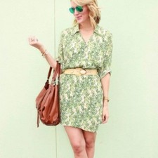 CAbi Leaf Print Green Wrap Shirt Dress Rayon Vacation Resortwear Preppy Summer