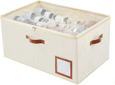 Beige Shoe Organizer for 24 Pairs - Foldable Storage Box with Clear Cover